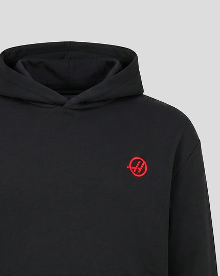 Official Haas Team Unisex Relaxed Fit Monogram Graphic Pullover Hoodie - Caviar