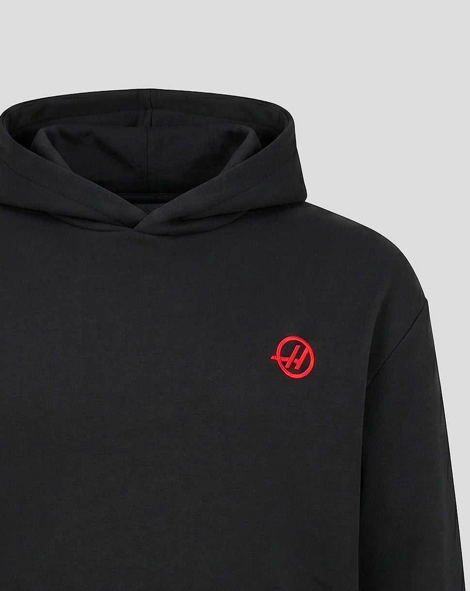 Official Haas Team Unisex Relaxed Fit Monogram Graphic Pullover Hoodie - Caviar