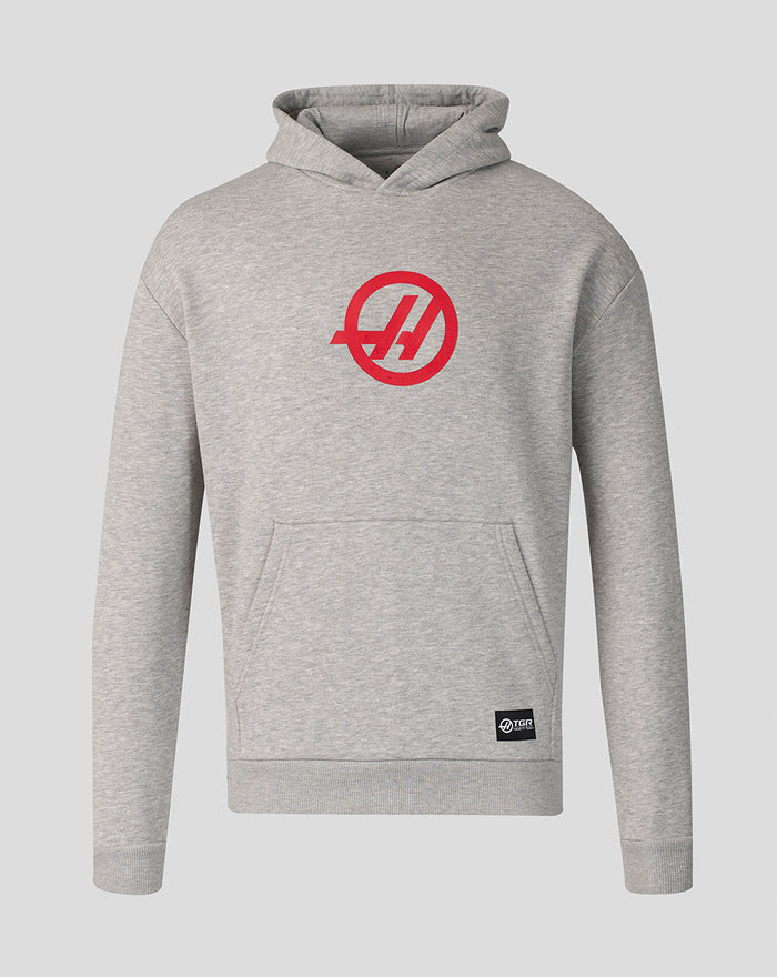 Haas Team unisex relaxed pullover hoodie front view in grey marl with red chest logo and kangaroo pocket