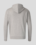 Back view of grey marl Haas Team unisex relaxed pullover hoodie showing hood and rib cuffs