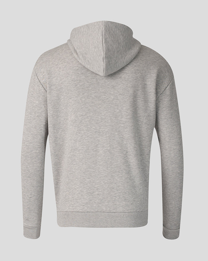 Back view of grey marl Haas Team unisex relaxed pullover hoodie showing hood and rib cuffs