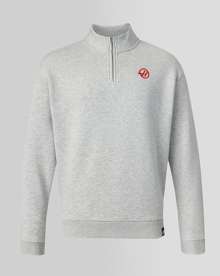 Grey marl Haas Team Monogram Linear Back Graphic Quarter Zip Top with red left chest logo