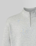 Close up of the grey heather quarter zip top with left chest Haas logo embroidery and visible funnel collar zip.