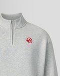 Grey heather quarter zip top with red Haas logo on the left chest and zip placket at the collar.