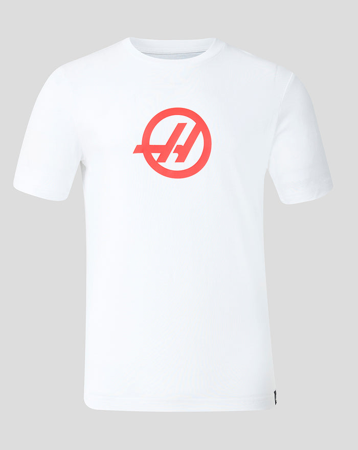 White Haas Team T shirt with a bold red circular logo centered on the chest