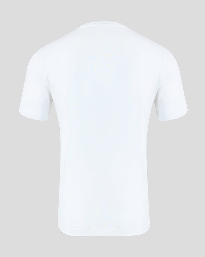 Back view of a white Haas Team unisex regular fit T shirt