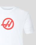 Haas branded white unisex regular fit T-shirt with a large red logo on the chest