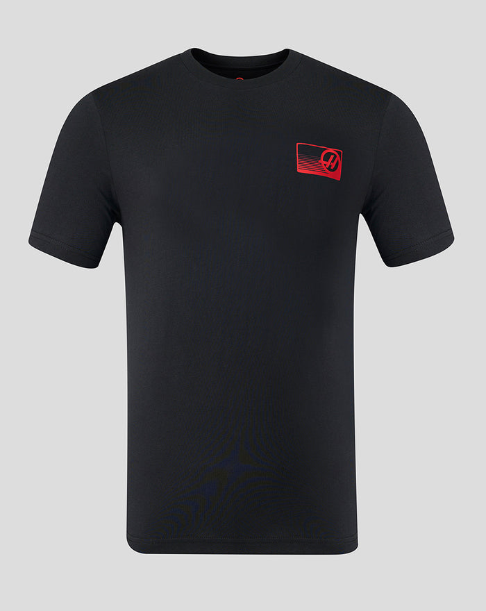 Front view of a black Official Haas Team T shirt with a small red logo on the left chest