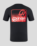 Back view of the black TGR Haas Team T shirt featuring a large red back graphic logo