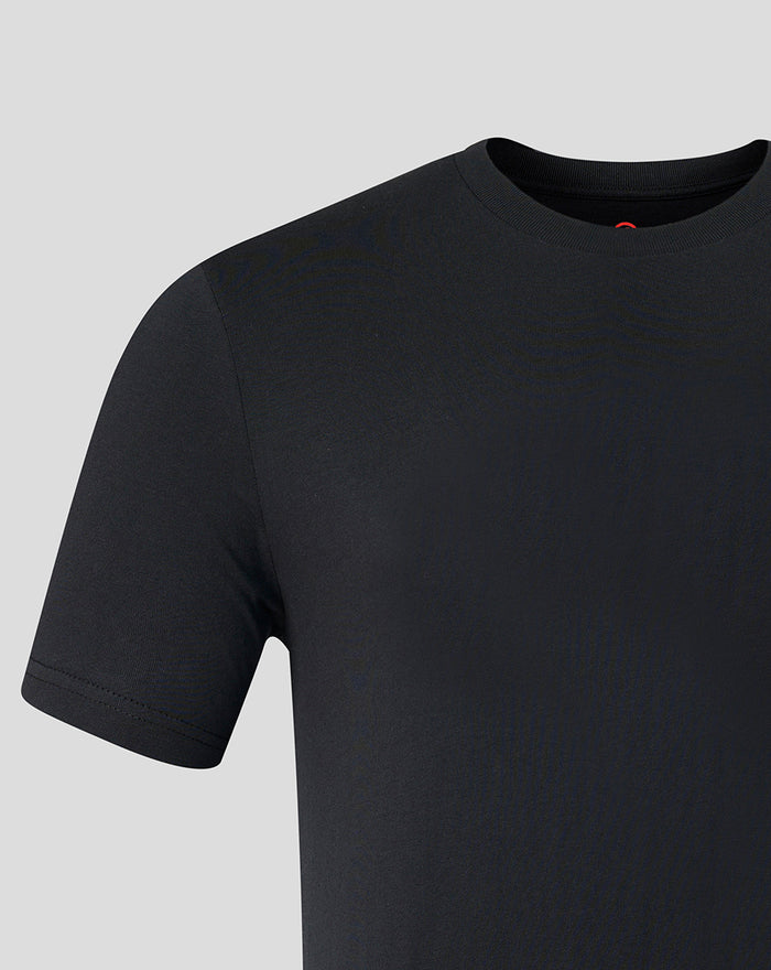 Close up of a black Haas Team TGR T shirt showing shoulder seam and smooth jersey fabric