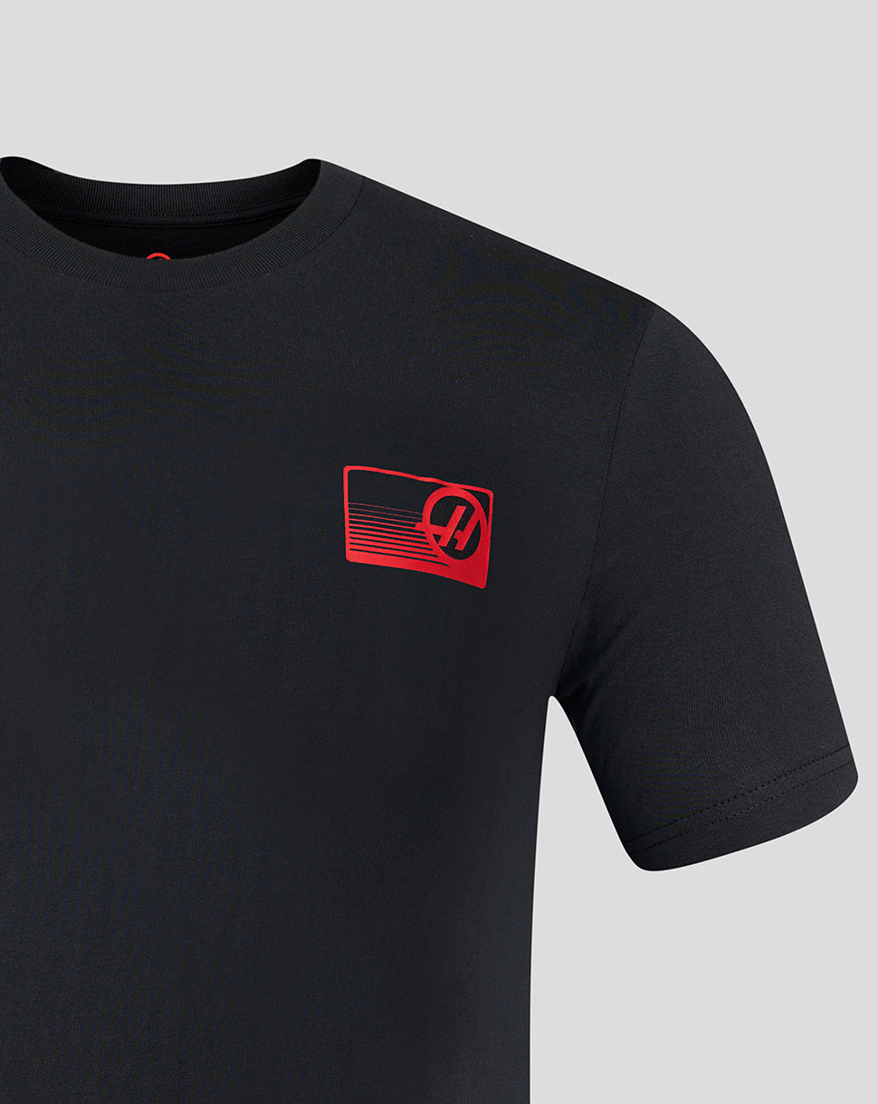 Official Haas Team Unisex Full Logo Back Graphic T-Shirt - Caviar