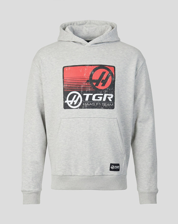 Grey marl Haas Team hoodie with large red logo on the chest and a kangaroo pocket