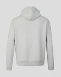Back view of light grey marl Haas Team hoodie with hood up and ribbed hem.