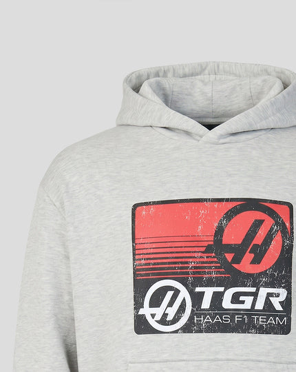 Official Haas Team Unisex Full Logo Front Graphic Pullover Hoodie - Grey Marl
