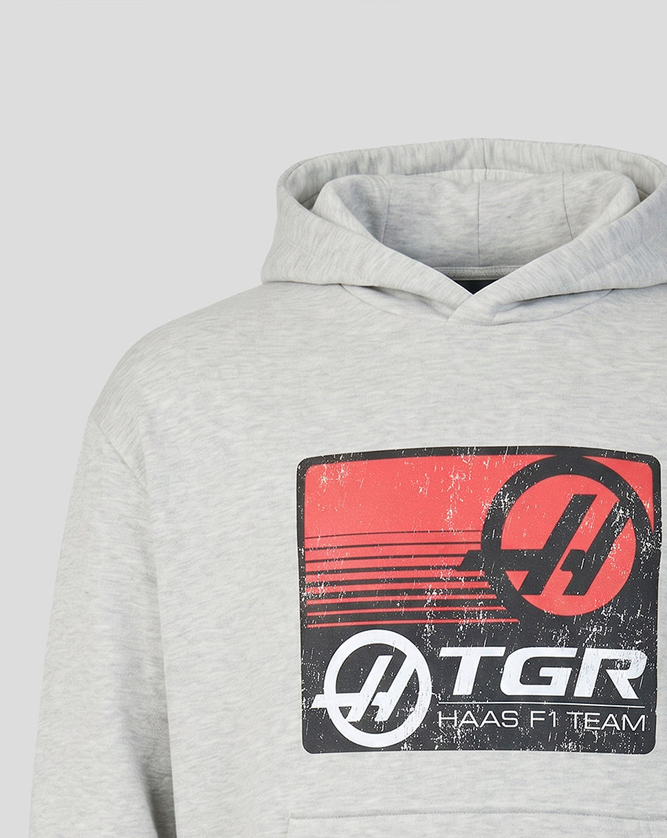 Official Haas Team Unisex Full Logo Front Graphic Pullover Hoodie - Grey Marl