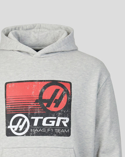 Official Haas Team Unisex Full Logo Front Graphic Pullover Hoodie - Grey Marl