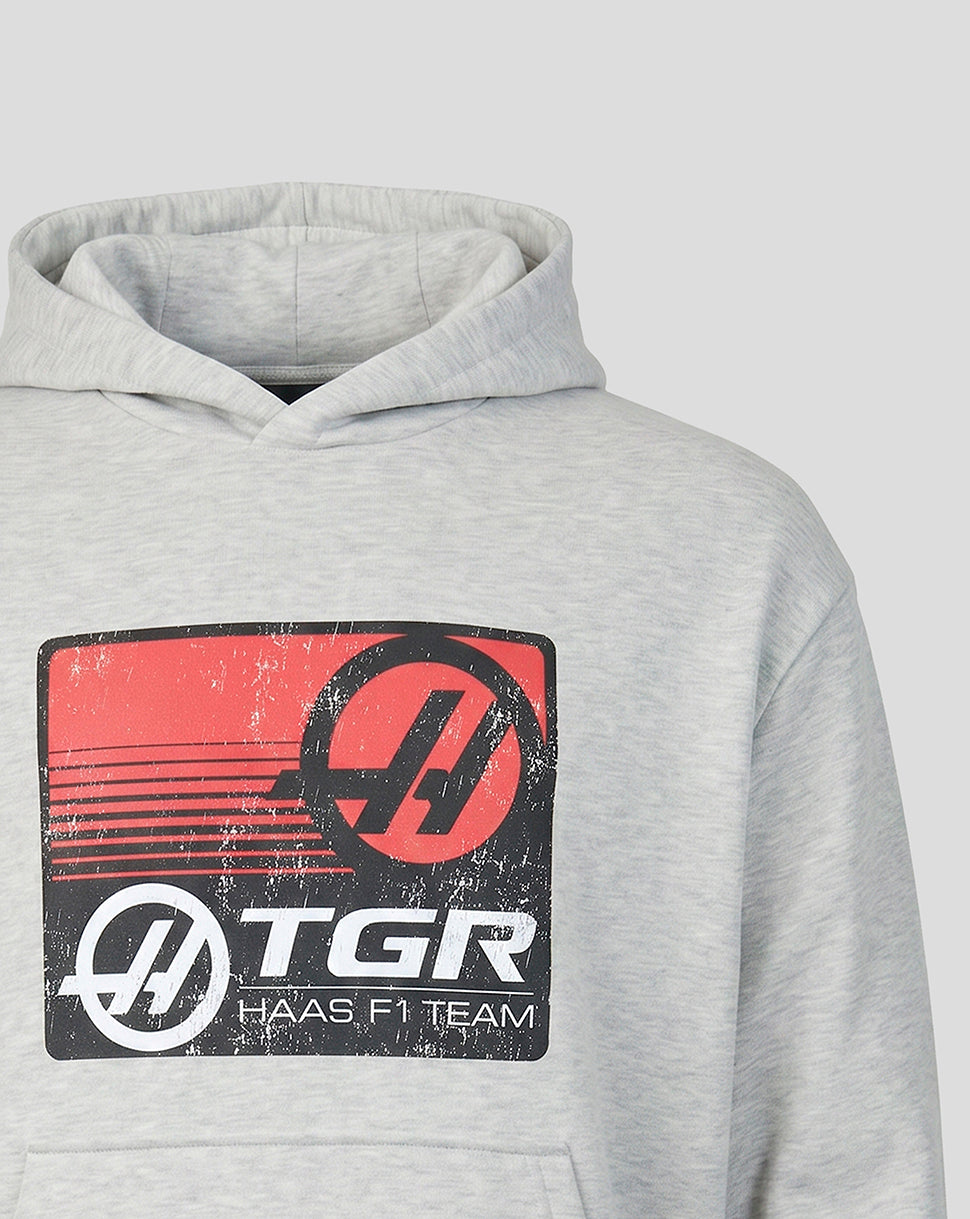 Official Haas Team Unisex Full Logo Front Graphic Pullover Hoodie - Grey Marl